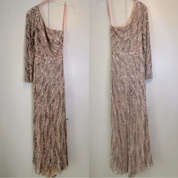 Mac Duggal Asymmetrical One Shoulder Long Sleeve Fully Sequin Gown Rose Gold - Picture 8 of 13